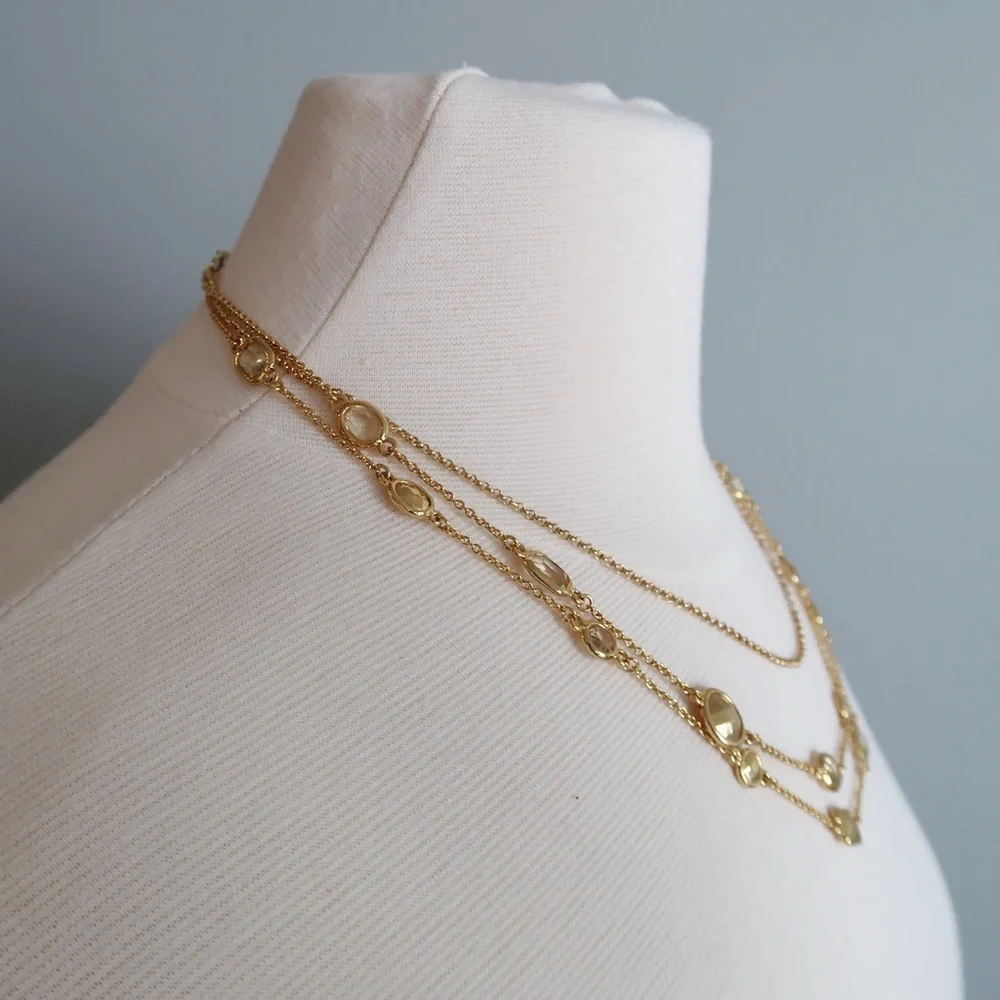 Vintage 3-Strand Gold Bazel Chain Stone Necklace - Picture 4 of 6
